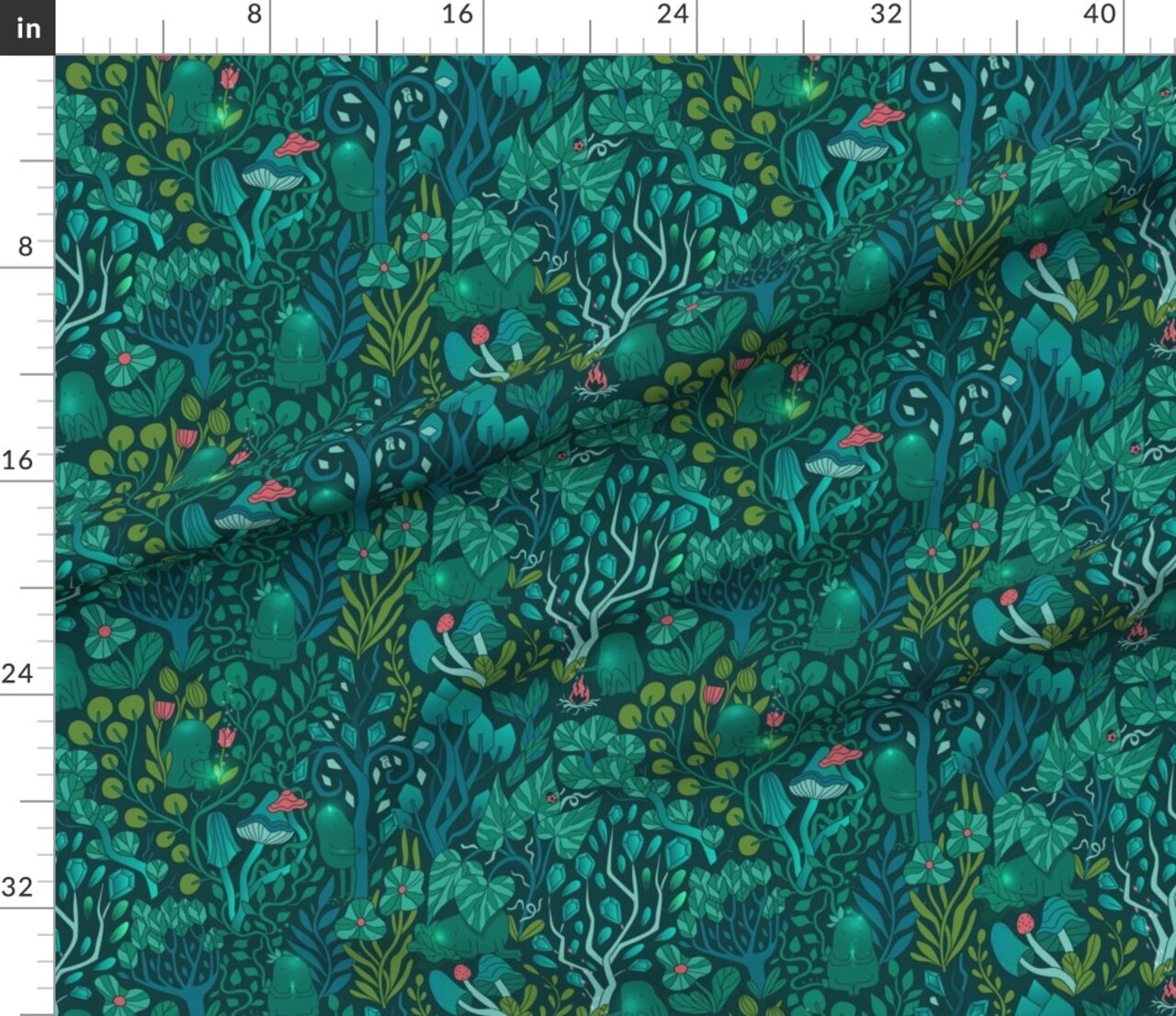Emerald Forest Fairy Woodland Creatures Green Nature Trees Crystals Magical Mystical Custom Printed Fabric by Spoonflower Various Fabrics by the Yard or Fat Quarter